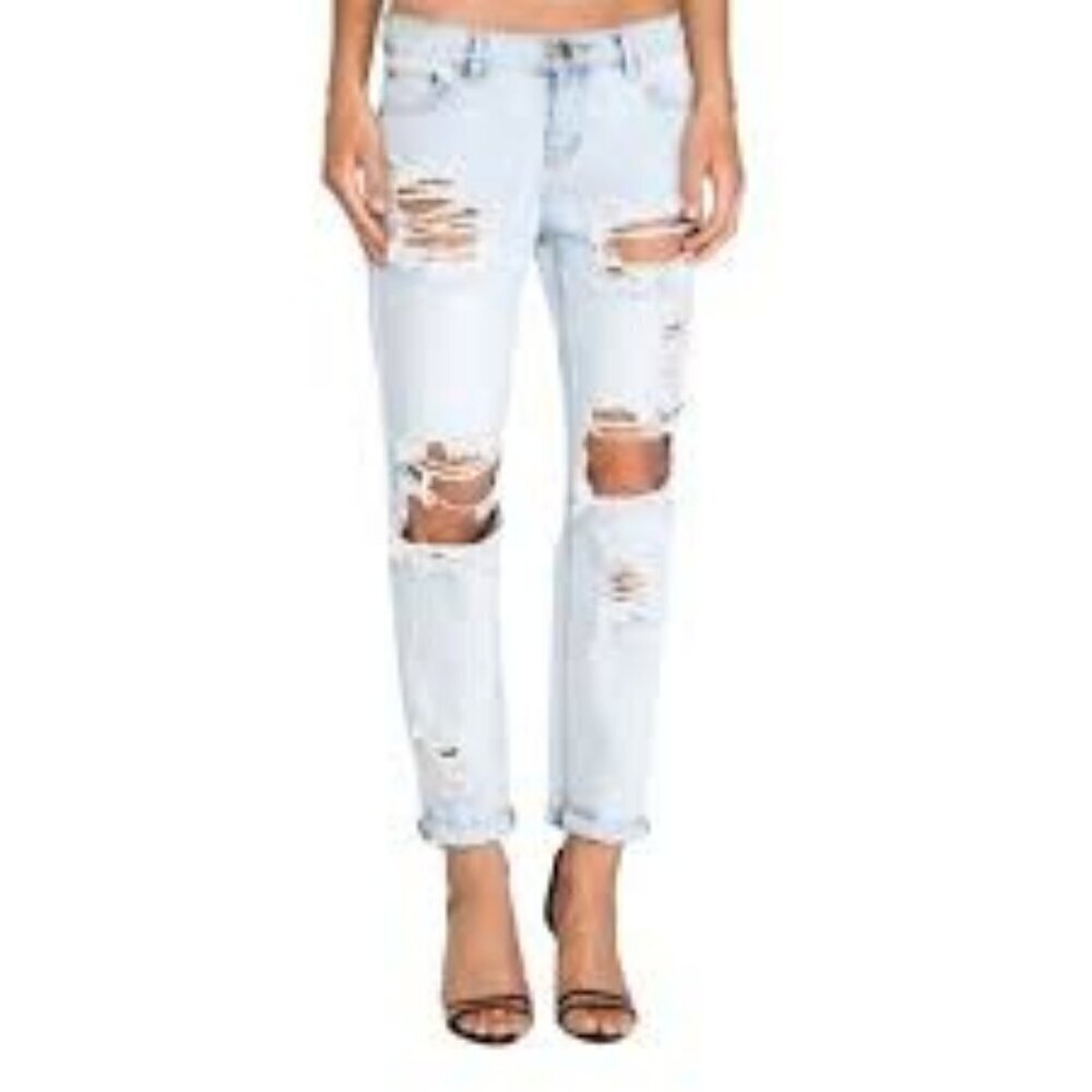 One Teaspoon Awesome Baggies Distressed Denim Mid Rise Straight Jeans Blue 29